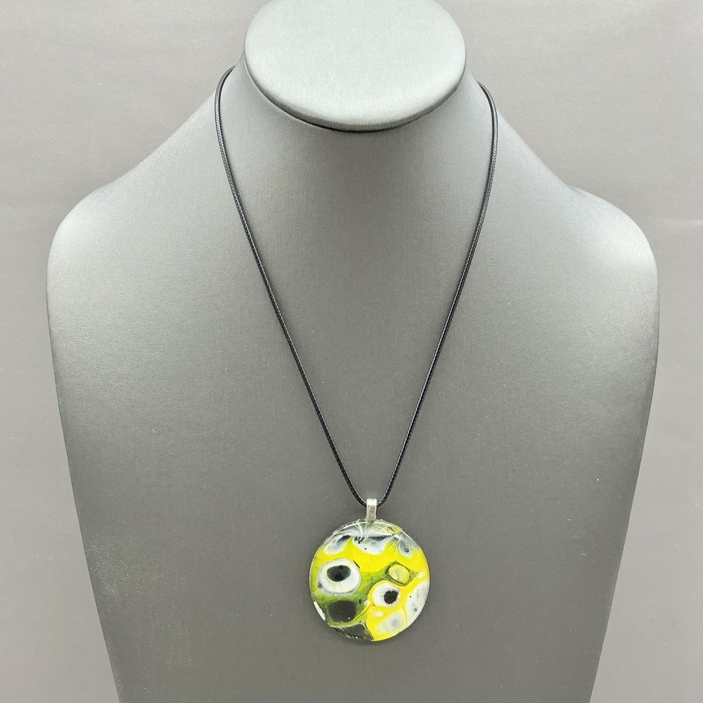 Necklace Round Pendant Abstract Art Glass Yellow Black Cord Womens Jewelry Boho